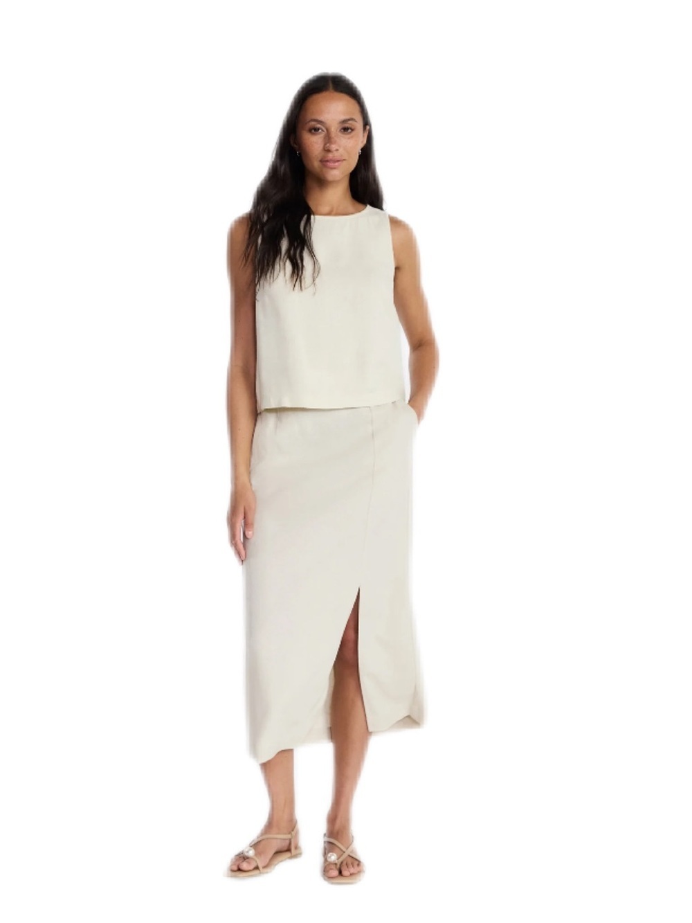 Time and Tru Linen Blend Beige Midi Skirt with Front Slit